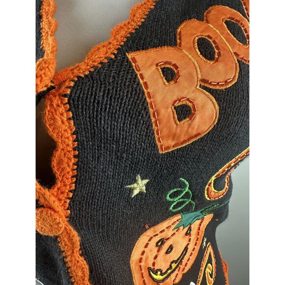 Vintage Basic Editions Halloween Vest Knit Sweater Bear Ghost & Pumpkin Medium - Picture 8 of 9